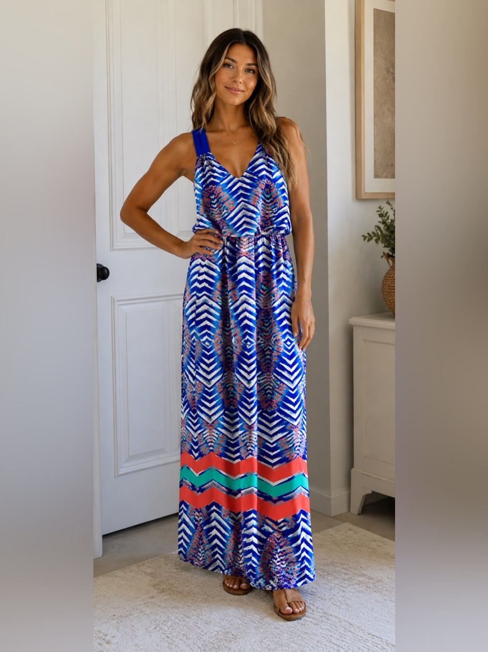 Blue Chevron Print Maxi Skirt with Coral Accents